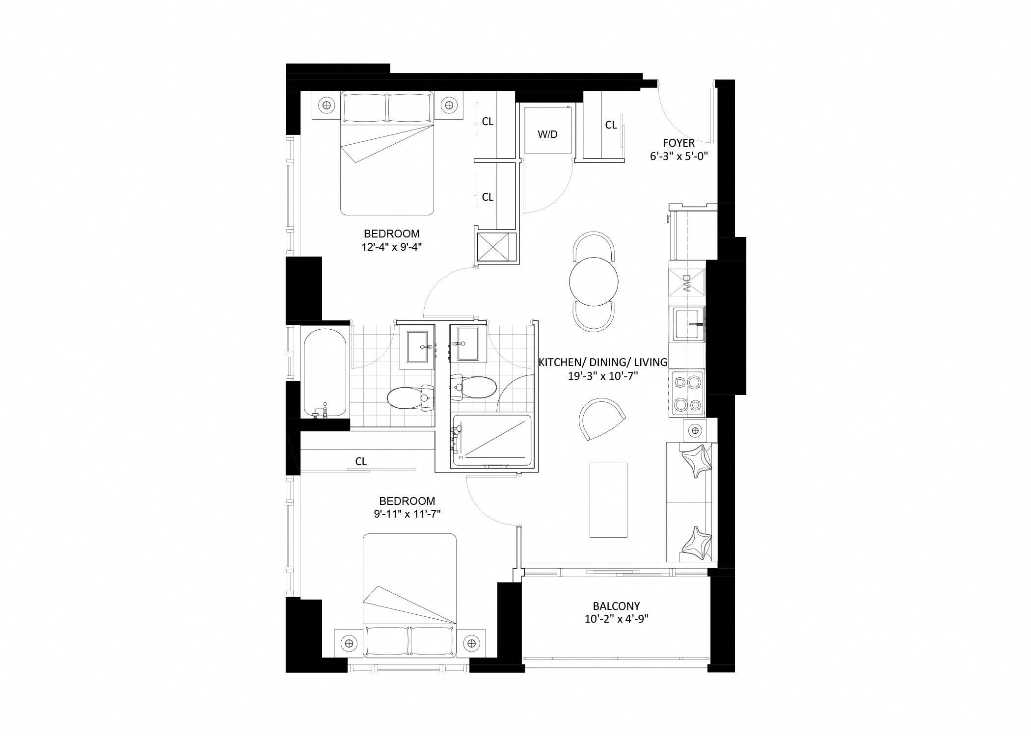 Floor plan for 2 beds, 2 baths, 692 sqft